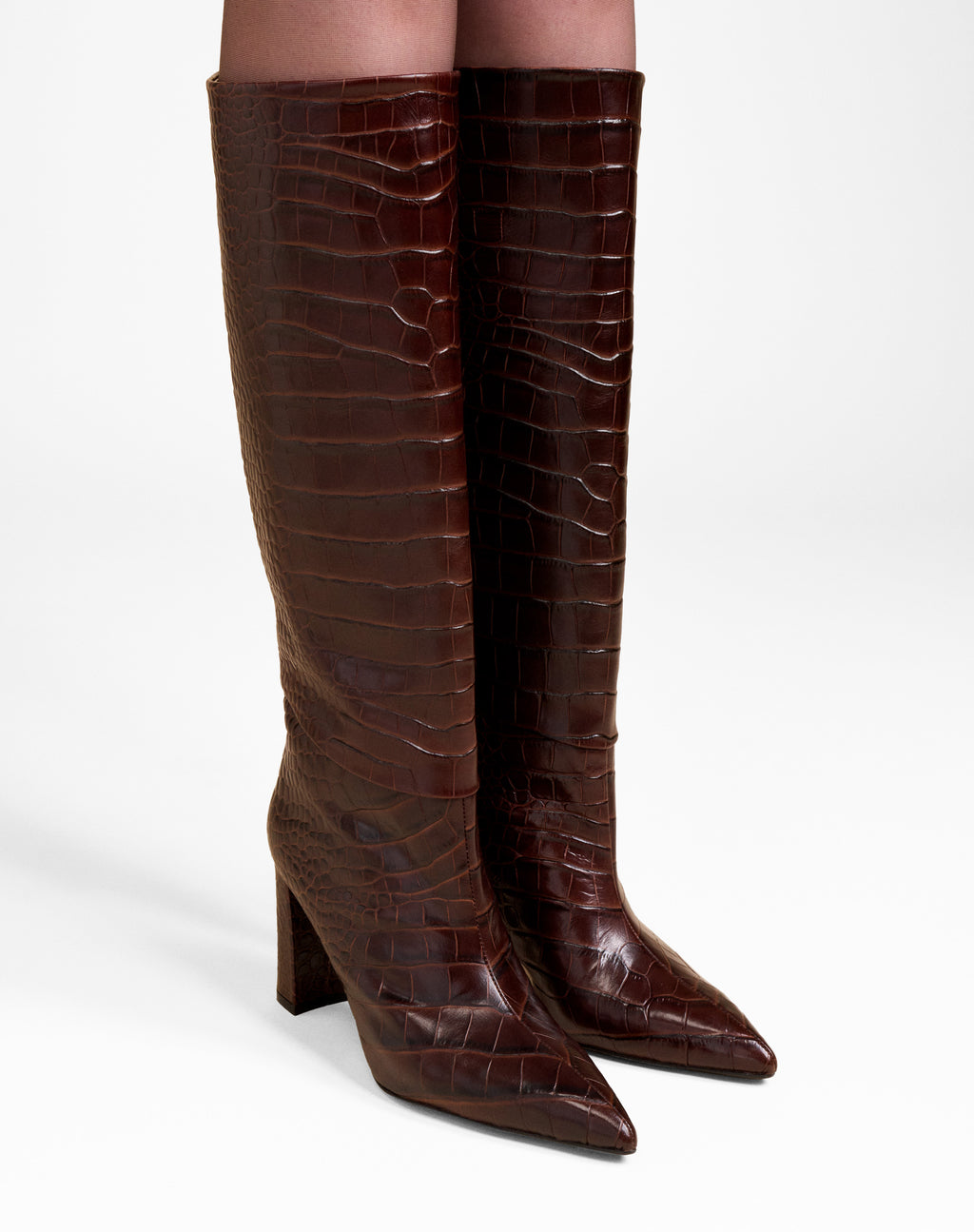 CHOCOLATE CROCODILE FASHION BOOTS WITH HIGH BLOCK HEEL WASSILY CHOCOLATE CROC