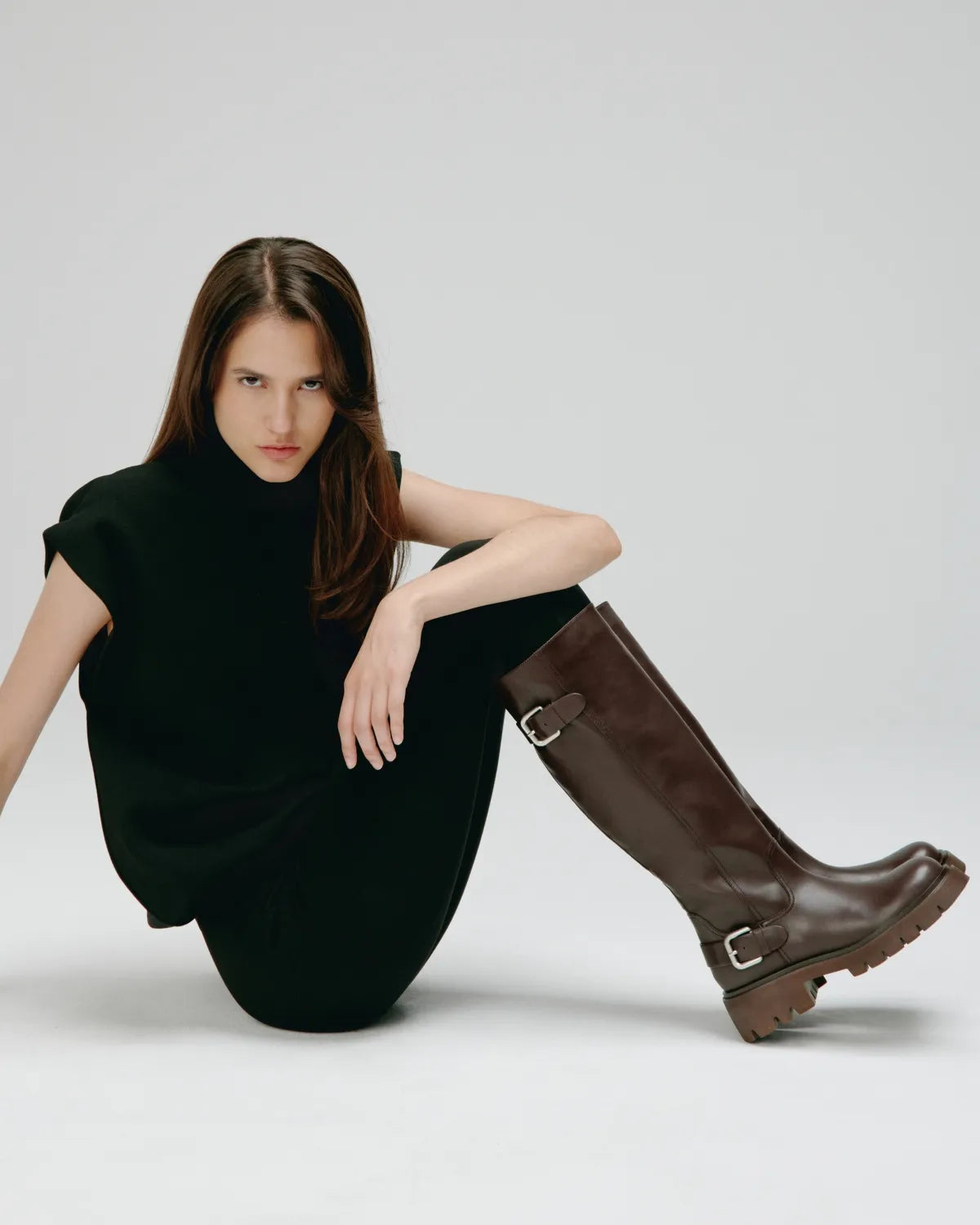 BOTTES CHOCOLAT A SEMELLE CHUNKY CRANTEE EN CUIR HERPEN CHOCOLATE