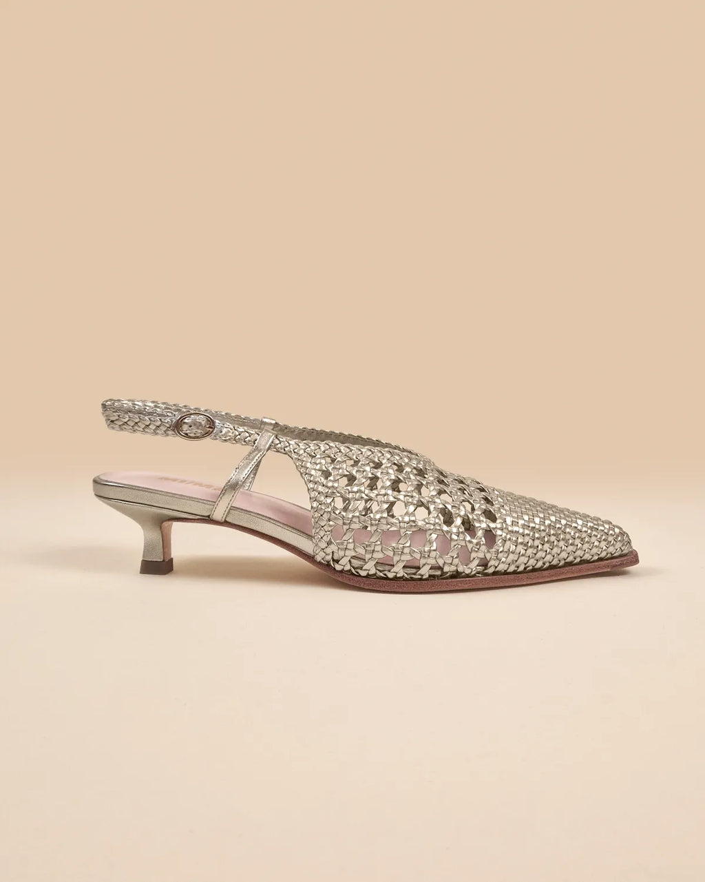 Marina Woven Gold woven faux leather slingback pump with a small spool heel