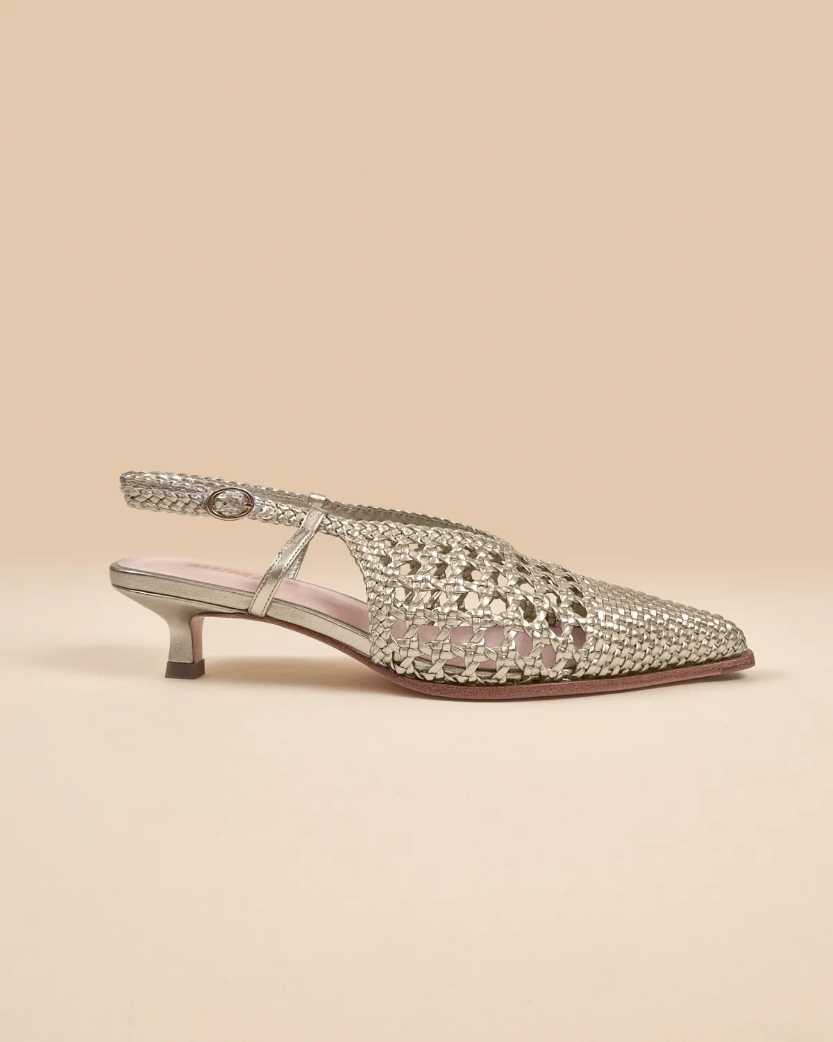 Marina Woven Gold woven faux leather slingback pump with a small spool heel