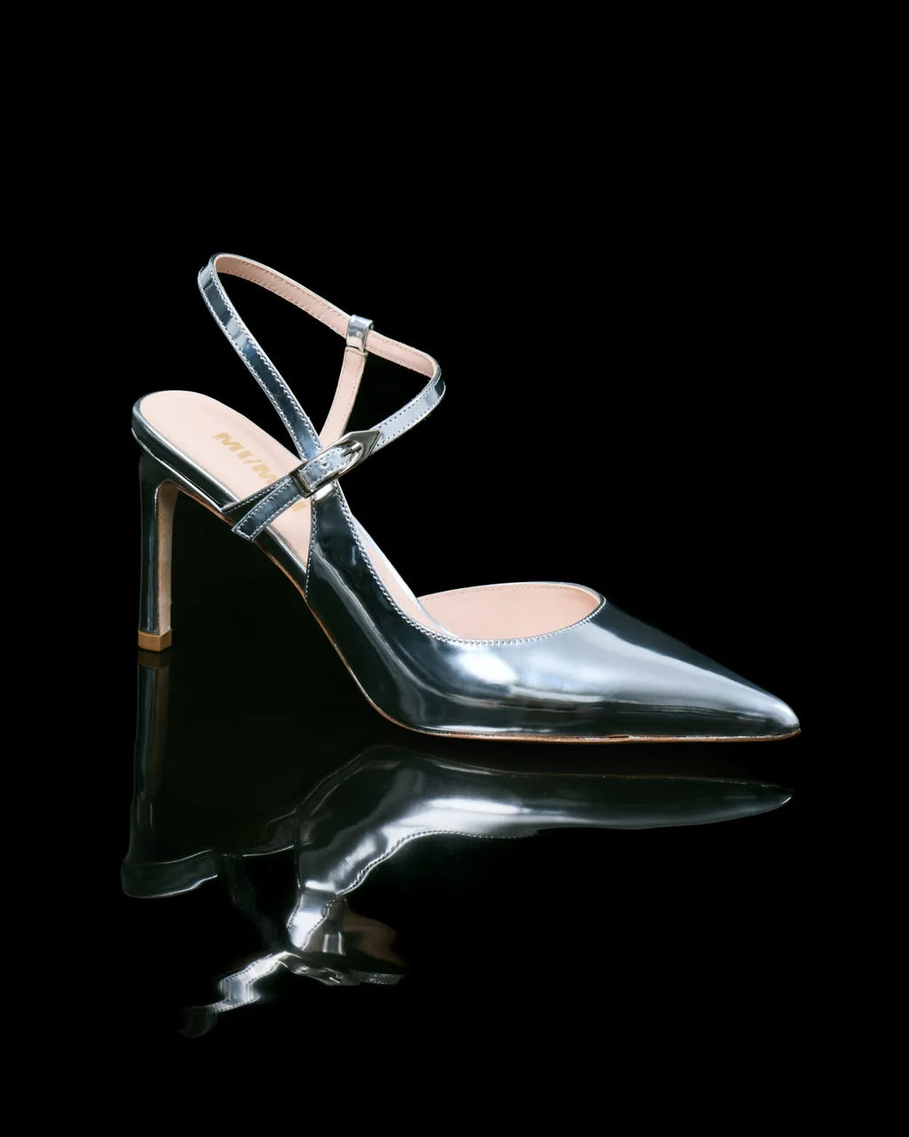 Escarpin sling back à bout pointu et bride en cuir argenté Emy Silver Mirror