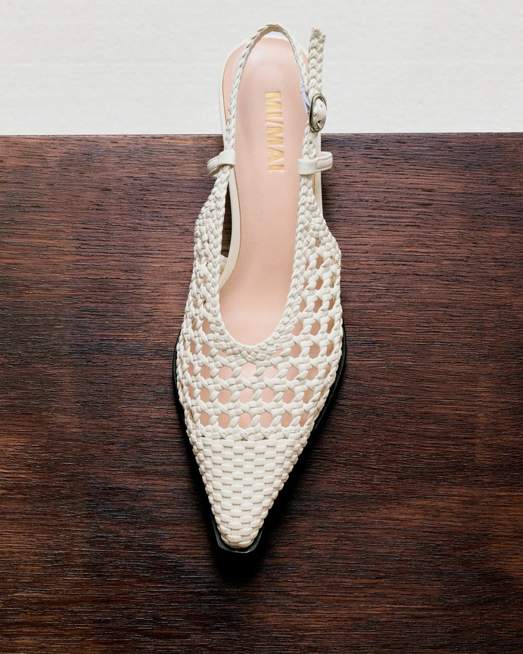 Marina Woven White woven faux leather slingback pump with a small spool heel