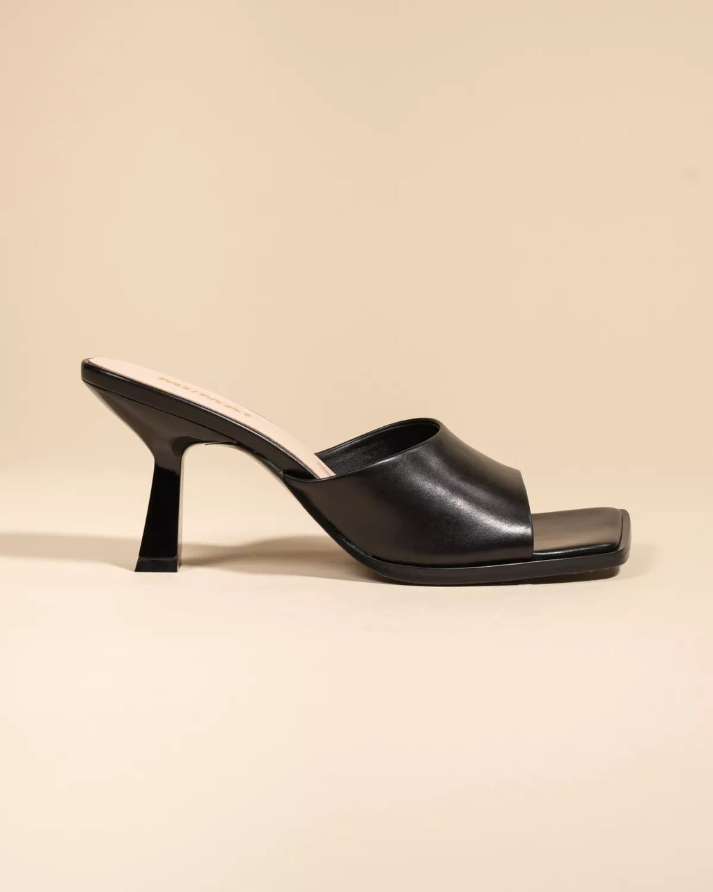 Mule à talon haut et bout carré en cuir noir Joya Black