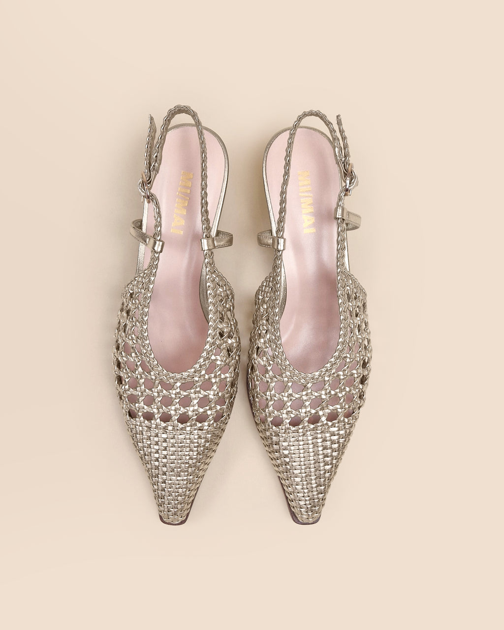 Marina Woven Gold woven faux leather slingback pump with a small spool heel
