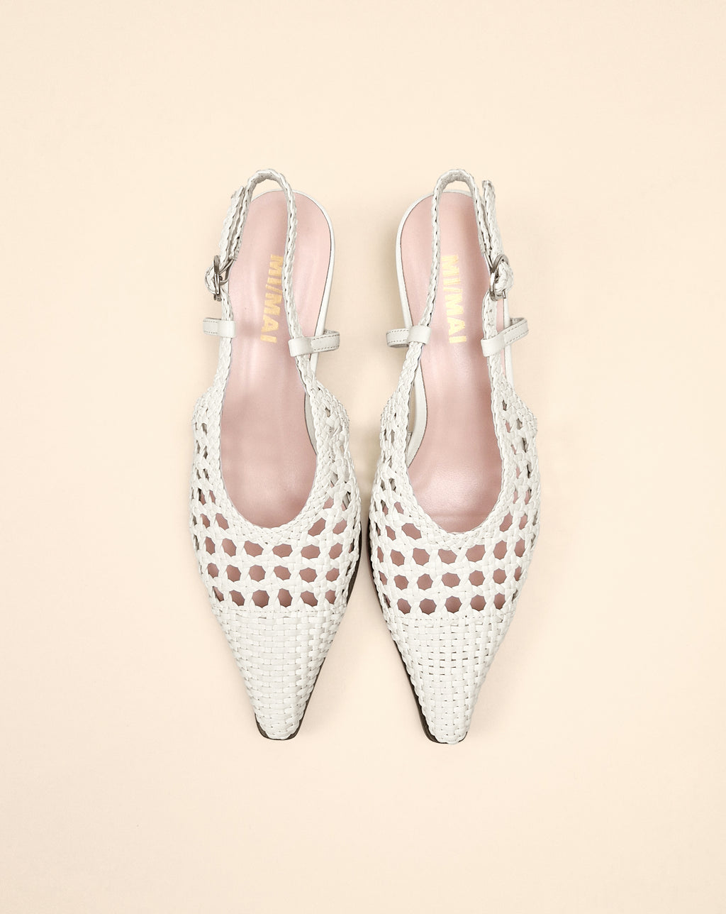 Marina Woven White woven faux leather slingback pump with a small spool heel