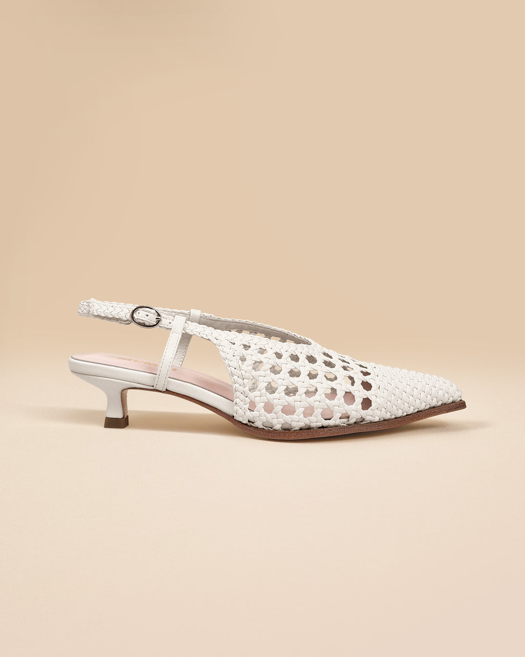 Marina Woven White woven faux leather slingback pump with a small spool heel