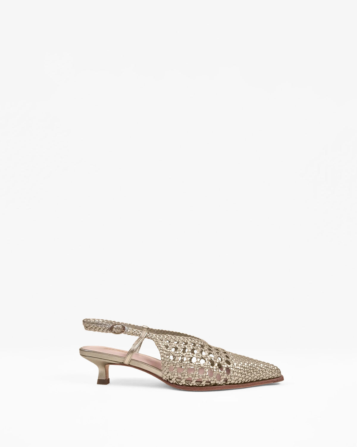 Marina Woven Gold woven faux leather slingback pump with a small spool heel