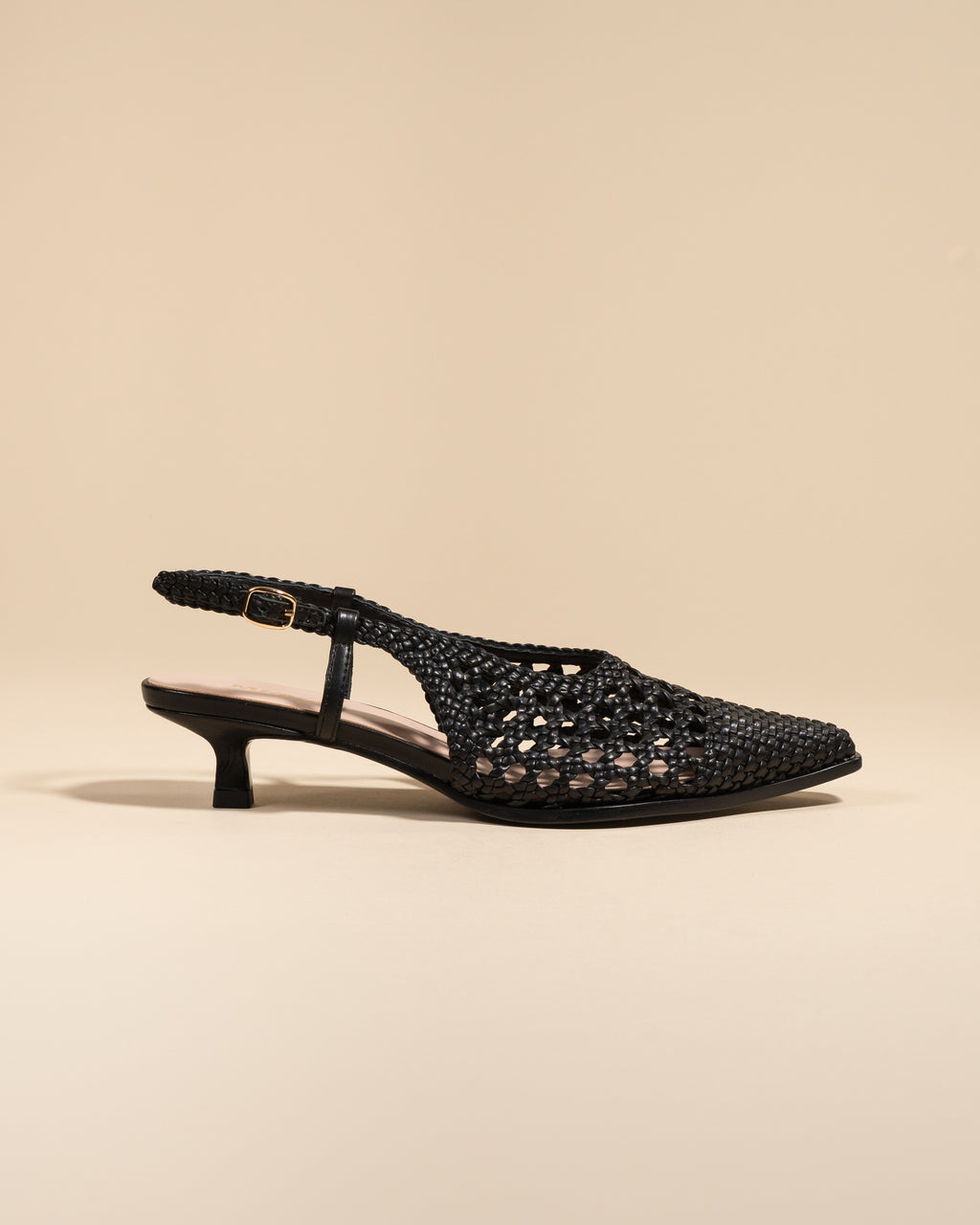 Marina Woven Black woven faux leather slingback pump with a small spool heel