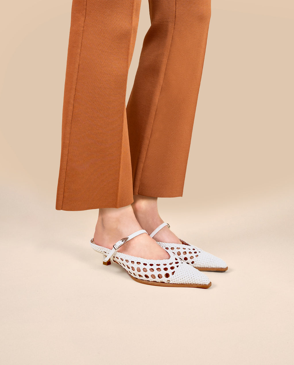 Pointed toe mule pump with small spool heel in white woven faux leather Suzanne Woven White