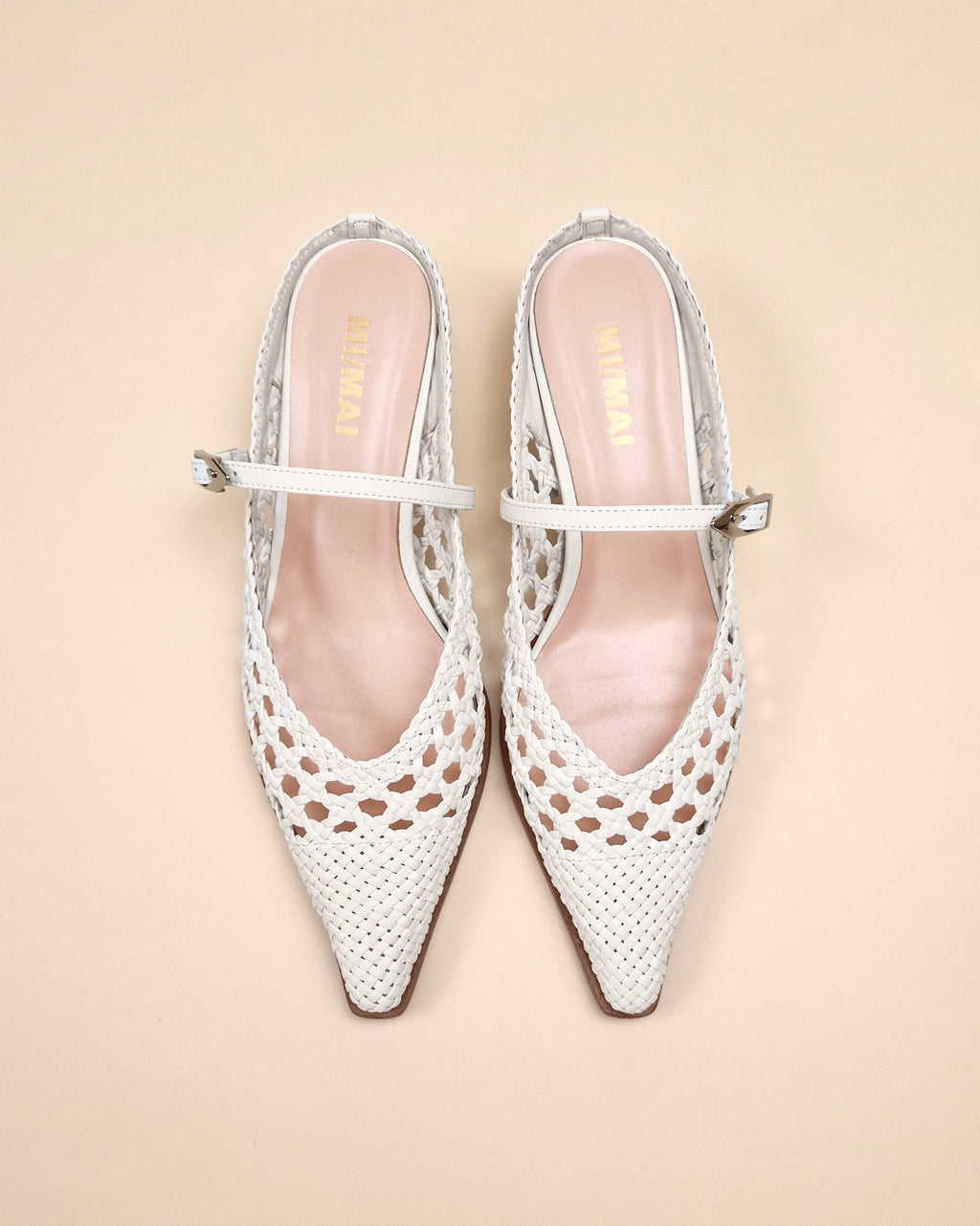 Pointed toe mule pump with small spool heel in white woven faux leather Suzanne Woven White